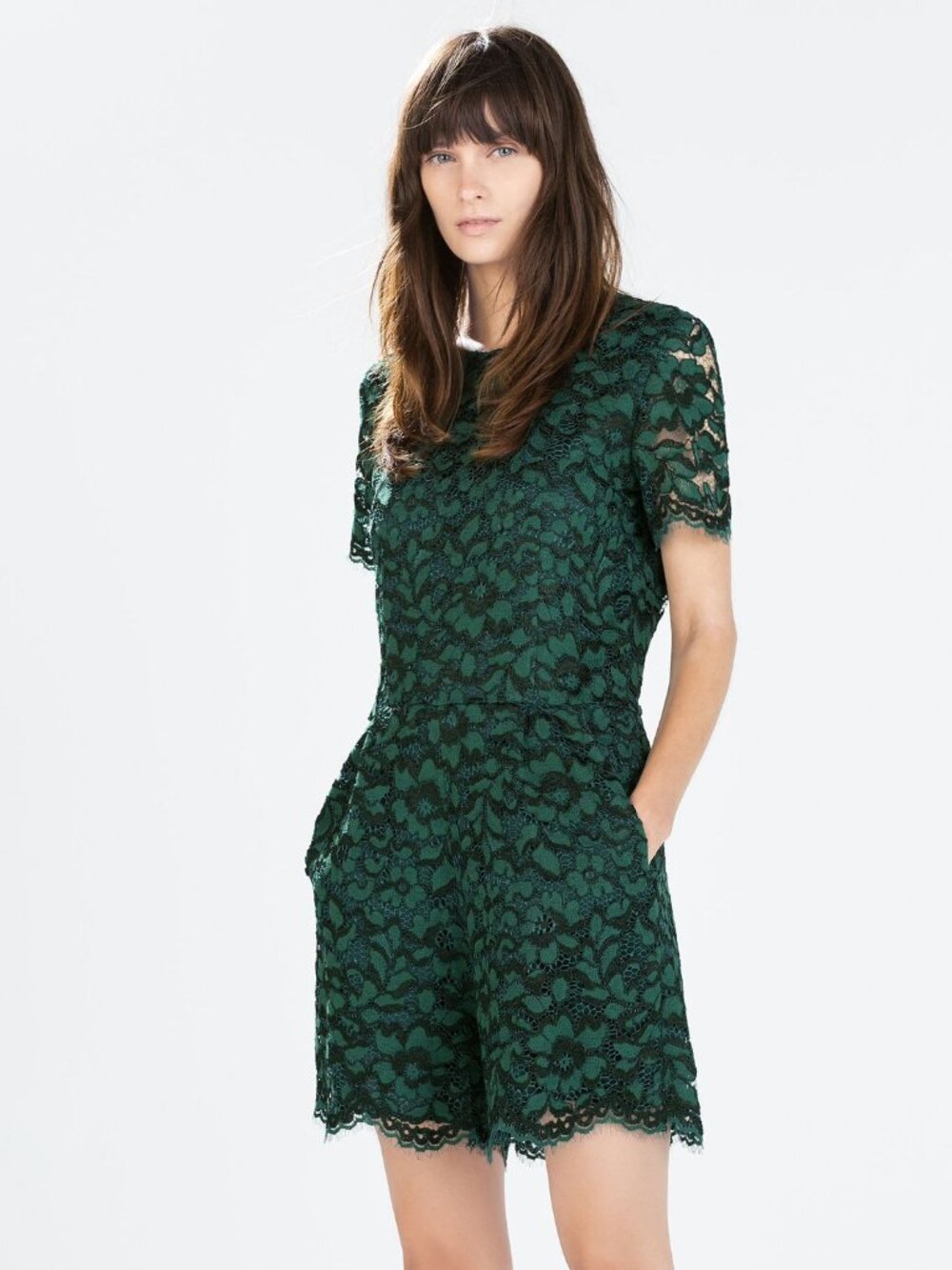 Zara Emerald Green Lace Short Sleeve Romper Size L
